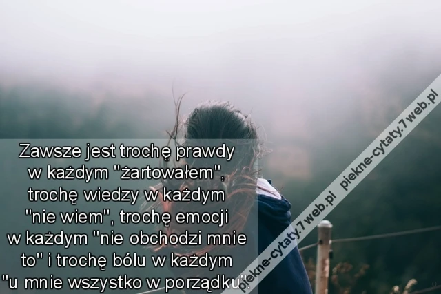 Zawsze jest trochę prawdy w każdym &quot;żartowałem&quot;, trochę wiedzy w każdym &quot;nie wiem&quot;, trochę emocji w każdym &quot;nie obchodzi mnie to&quot; i trochę bólu w każdym &quot;u mnie wszystko w porządku&quot;.