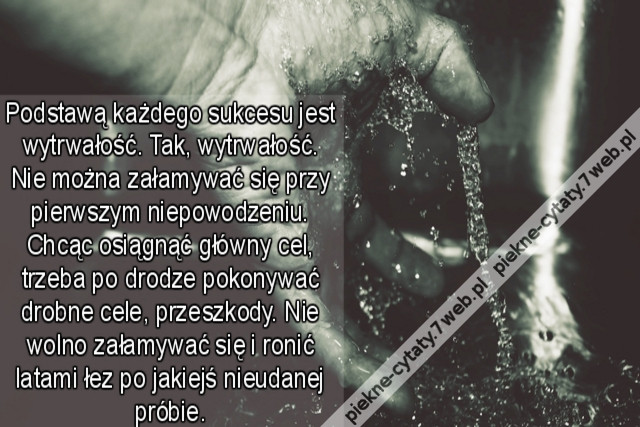 Podstawą każdego sukcesu jest wytrwałość. Tak, wytrwałość. Nie można załamywać się przy pierwszym niepowodzeniu. Chcąc osiągnąć główny cel, trzeba po drodze pokonywać drobne cele, przeszkody. Nie wolno załamywać się i ronić latami łez po jakiejś nieudanej