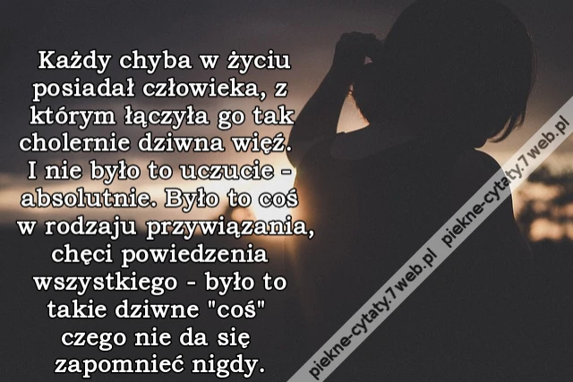 Każdy chyba w życiu posiadał człowieka, z którym łączyła go tak cholernie dziwna więź. I nie było to uczucie - absolutnie. Było to coś w rodzaju przywiązania, chęci powiedzenia wszystkiego - było to takie dziwne &quot;coś&quot; czego nie da się zapomnieć nigdy.