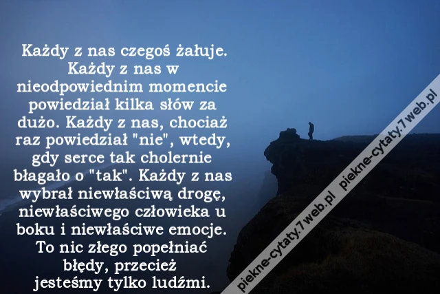 Każdy z nas czegoś żałuje. Każdy z nas w nieodpowiednim momencie powiedział kilka słów za dużo. Każdy z nas, chociaż raz powiedział &quot;nie&quot;, wtedy, gdy serce tak cholernie błagało o &quot;tak&quot;. Każdy z nas wybrał niewłaściwą drogę, niewłaściwego człowieka u bok