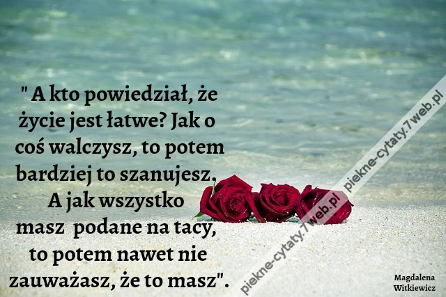 &quot; A kto powiedział, że życie jest łatwe? Jak o coś walczysz, to potem bardziej to szanujesz.  A jak wszystko  masz  podane na tacy,  to potem nawet nie zauważasz, że to masz&quot;.