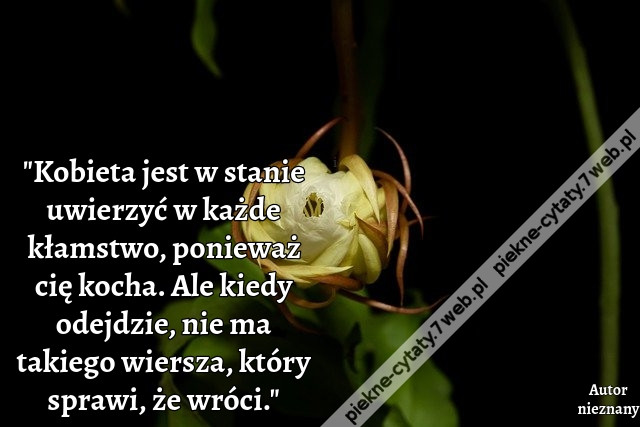 Kobieta jest w stanie uwierzyć w każde kłamstwo, ponieważ cię kocha. Ale kiedy odejdzie, nie ma takiego wiersza, który sprawi, że wróci.