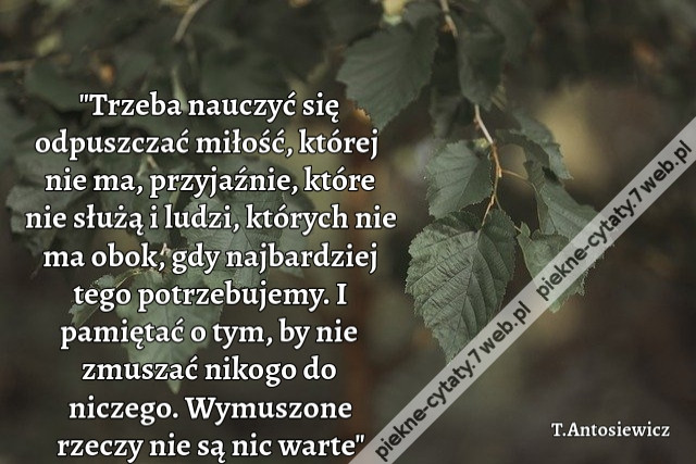 &quot;Trzeba nauczyć się odpuszczać miłość, której nie ma, przyjaźnie, które nie służą i ludzi, których nie ma obok, gdy najbardziej tego potrzebujemy. I pamiętać o tym, by nie zmuszać nikogo do niczego. Wymuszone rzeczy nie są nic warte&quot;