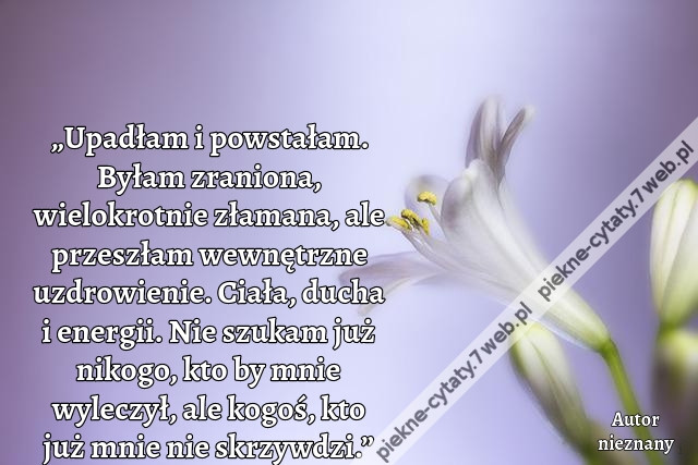 „Upadłam i powstałam. Byłam zraniona, wielokrotnie złamana, ale przeszłam wewnętrzne uzdrowienie. Ciała, ducha i energii. Nie szukam już nikogo, kto by mnie wyleczył, ale kogoś, kto już mnie nie skrzywdzi.”