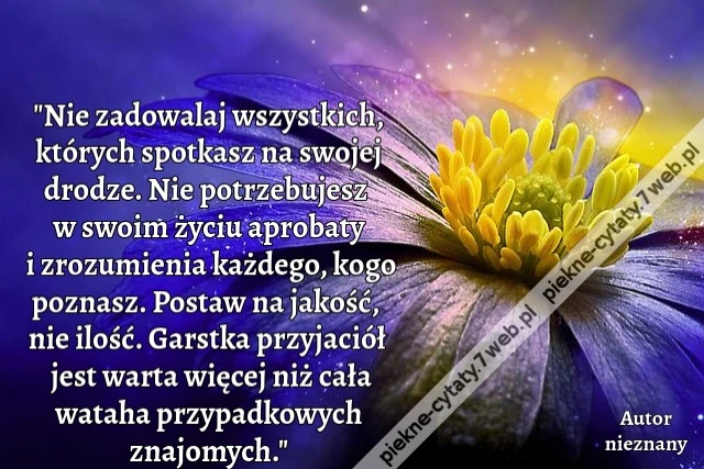 &quot;Nie zadowalaj wszystkich, których spotkasz na swojej drodze. Nie potrzebujesz w swoim życiu aprobaty i zrozumienia każdego, kogo poznasz. Postaw na jakość, nie ilość. Garstka przyjaciół jest warta więcej niż cała wataha przypadkowych znajomych.&quot;
