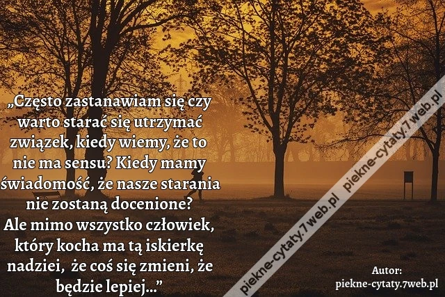 „Często zastanawiam się czy warto starać się utrzymać związek, kiedy wiemy, że to nie ma sensu? Kiedy mamy świadomość, że nasze starania nie zostaną docenione? Ale mimo wszystko człowiek, który kocha ma tą iskierkę nadziei,  że coś się zmieni, że będzie l