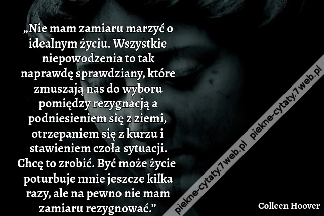 „Nie mam zamiaru marzyć o idealnym życiu. Wszystkie niepowodzenia to tak naprawdę sprawdziany, które zmuszają nas do wyboru pomiędzy rezygnacją a podniesieniem się z ziemi, otrzepaniem się z kurzu i stawieniem czoła sytuacji. Chcę to zrobić. Być może życi