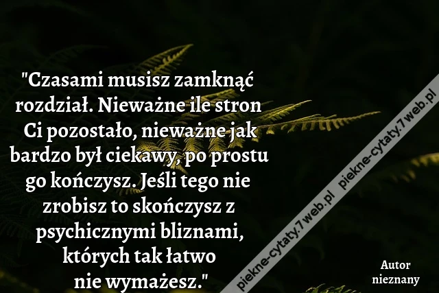&quot;Czasami musisz zamknąć rozdział. Nieważne ile stron Ci pozostało, nieważne jak bardzo był ciekawy, po prostu go kończysz. Jeśli tego nie zrobisz to skończysz z psychicznymi bliznami, których tak łatwo nie wymażesz.&quot;