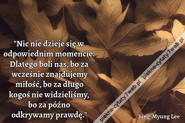 &quot;Nic nie dzieje się w odpowiednim momencie. Dlatego boli nas, bo za wcześnie znajdujemy miłość, bo za długo kogoś nie widzieliśmy, bo za późno odkrywamy prawdę.&quot;