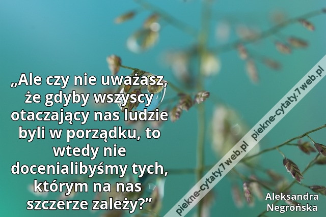 „Ale czy nie uważasz, że gdyby wszyscy otaczający nas ludzie byli w porządku, to wtedy nie docenialibyśmy tych, którym na nas szczerze zależy?”
