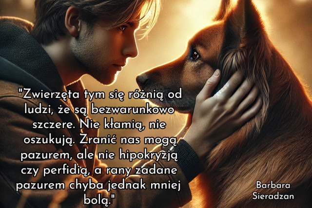 Zwierzęta tym się różnią od ludzi, że są bezwarunkowo szczere. Nie kłamią, nie oszukują. Zranić nas mogą pazurem, ale nie hipokryzją czy perfidią, a rany zadane pazurem chyba jednak mniej bolą.