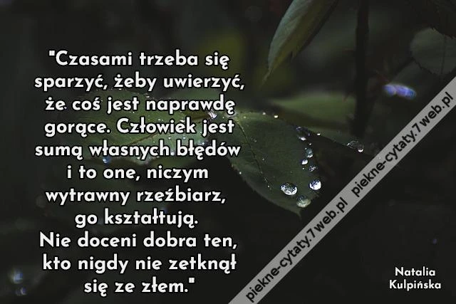 Czasami trzeba się sparzyć, żeby uwierzyć, że coś jest naprawdę gorące. Człowiek jest sumą własnych błędów i to one, niczym wytrawny rzeźbiarz, go kształtują. Nie doceni dobra ten, kto nigdy nie zetknął się ze złem.